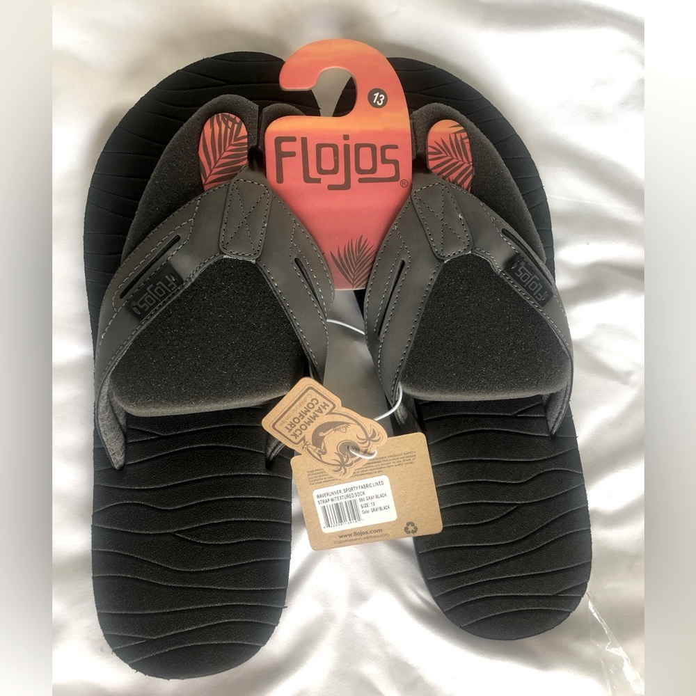 NWT Flojos black/grey wave runner flip flops, size 13.